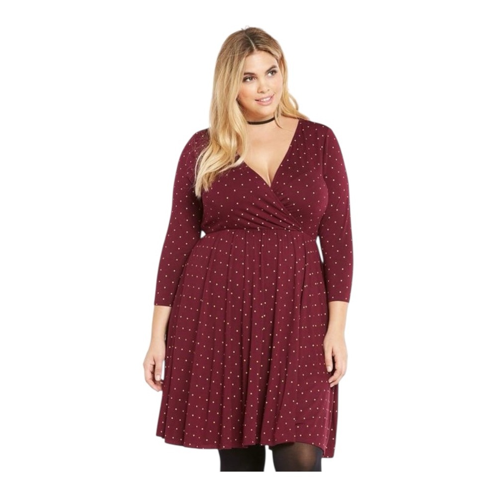 Torrid Burgundy Dot Print Surplice Skater Dress Plus Size 2 2X